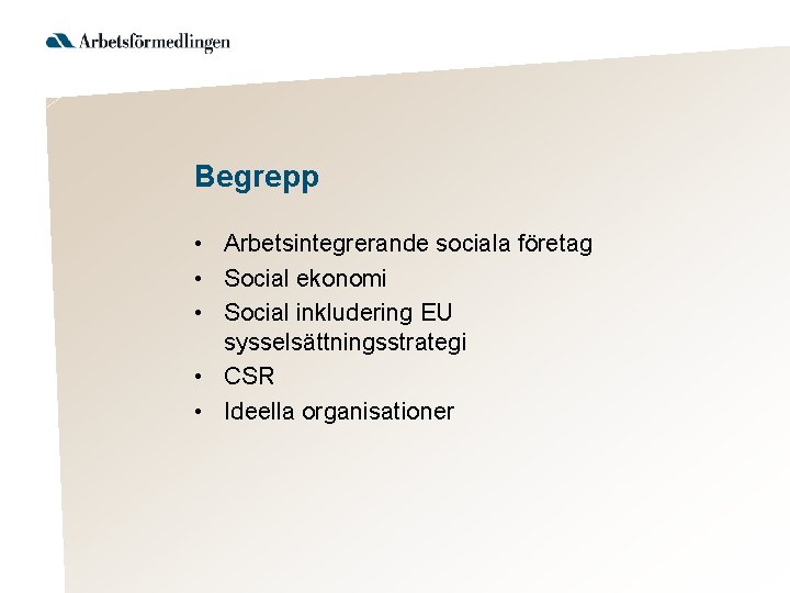 Begrepp • Arbetsintegrerande sociala företag • Social ekonomi • Social inkludering EU sysselsättningsstrategi •