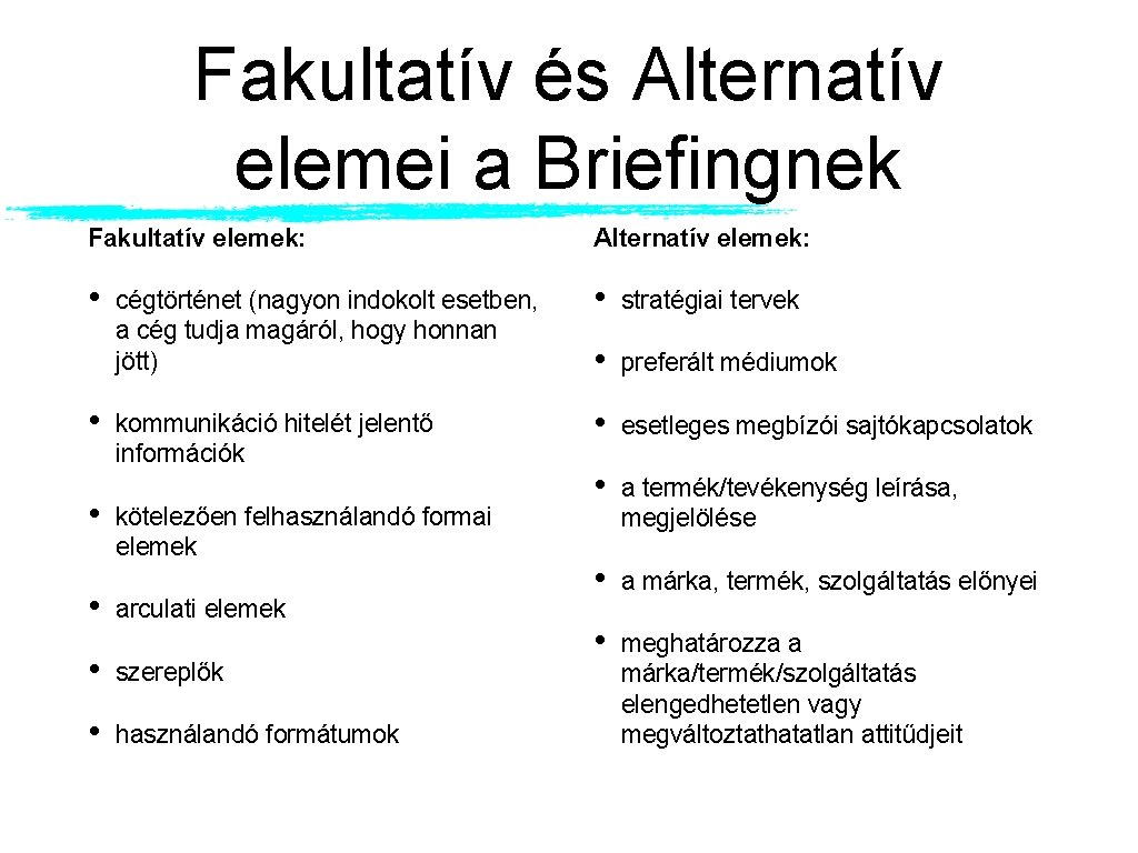 Fakultatív és Alternatív elemei a Briefingnek Fakultatív elemek: Alternatív elemek: • cégtörténet (nagyon indokolt