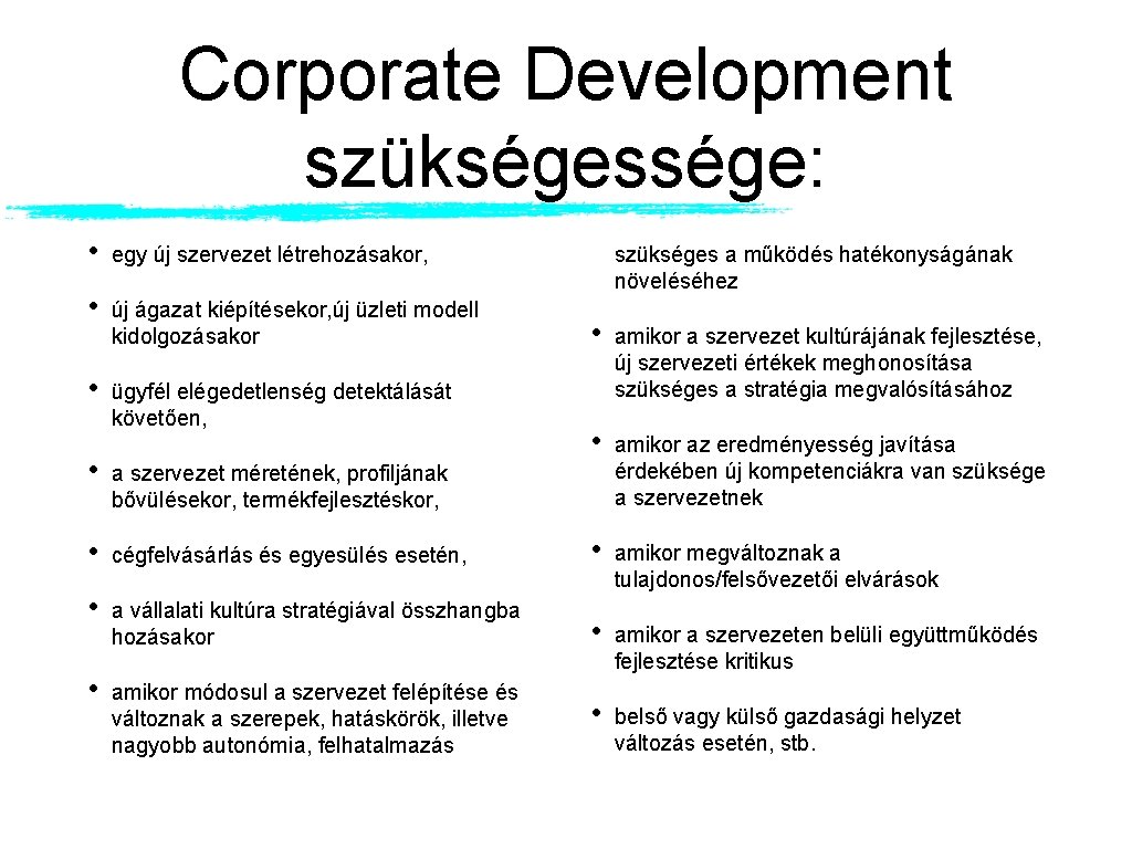 Corporate Development szükségessége: • egy új szervezet létrehozásakor, • új ágazat kiépítésekor, új üzleti