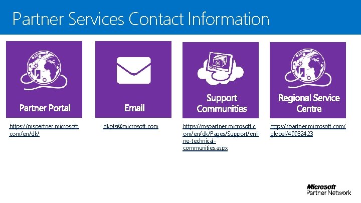 Partner Services Contact Information https: //mspartner. microsoft. com/en/dk/ dkpts@microsoft. com https: //mspartner. microsoft. c