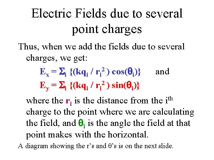 Electric Fields due to several point charges Thus, when we add the fields due