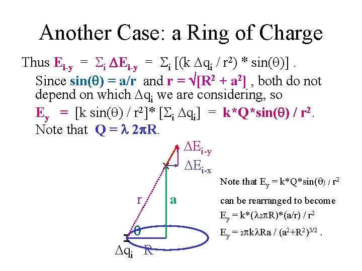 Another Case: a Ring of Charge Thus Ei-y = Si DEi-y = Si [(k