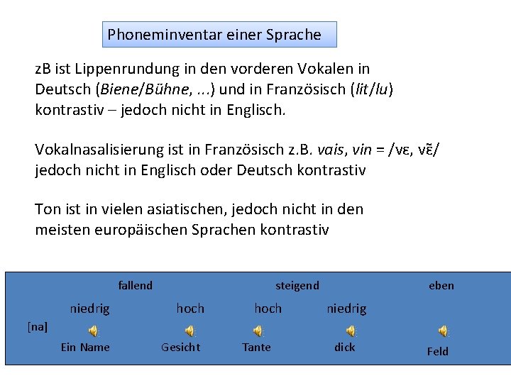 Phoneminventar einer Sprache z. B ist Lippenrundung in den vorderen Vokalen in Deutsch (Biene/Bühne,