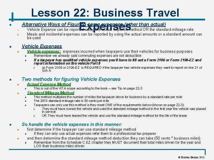l 1. Lesson 22: Business Travel Alternative Ways of Figuring some expenses (other than