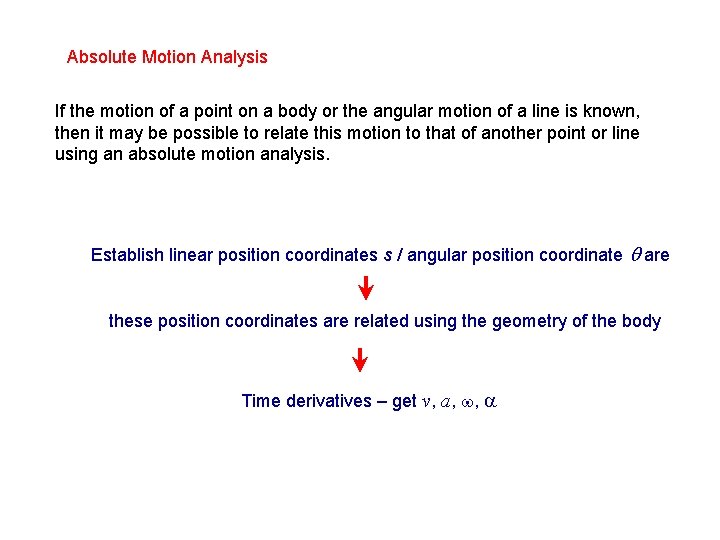 Absolute Motion Analysis If the motion of a point on a body or the Absolute Motion Analysis If the motion of a point on a body or the