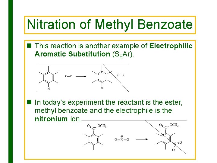 Nitration of Methyl Benzoate n This reaction is another example of Electrophilic Aromatic Substitution