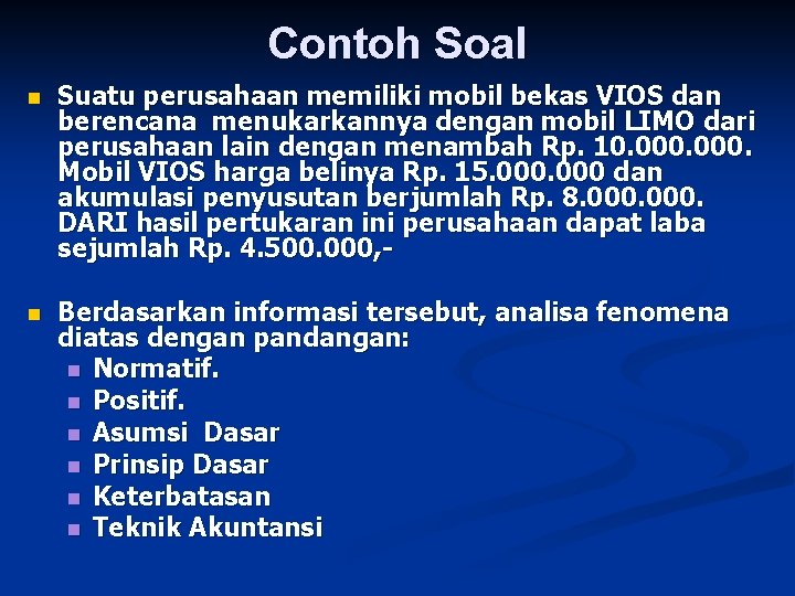 Contoh Soal n Suatu perusahaan memiliki mobil bekas VIOS dan berencana menukarkannya dengan mobil