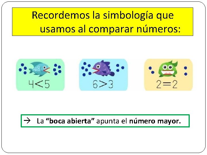 Recordemos la simbología que usamos al comparar números: La “boca abierta” apunta el número