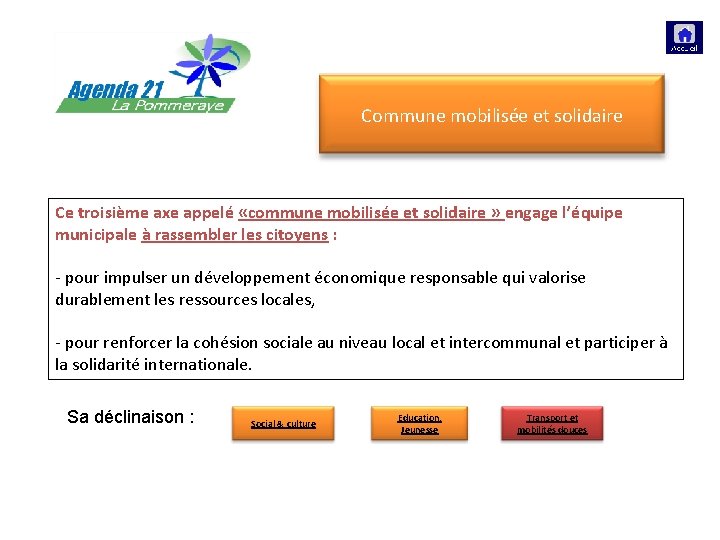 Gouvernance participative Commune mobilisée et solidaire Ce troisième axe appelé «commune mobilisée et solidaire