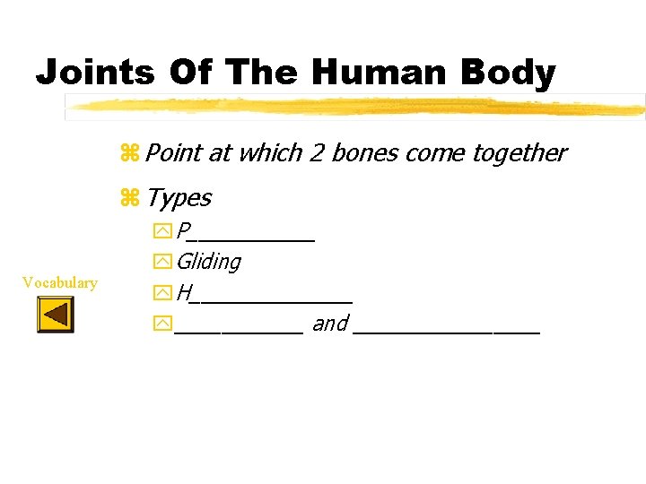 Joints Of The Human Body z Point at which 2 bones come together z