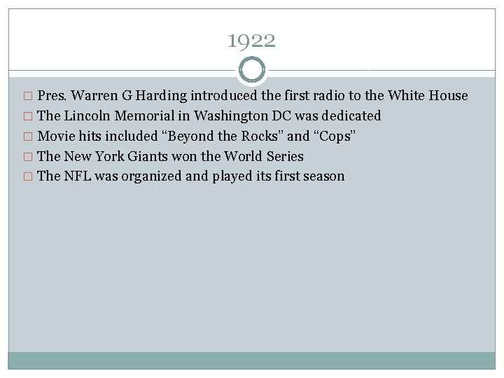 1922 � Pres. Warren G Harding introduced the first radio to the White House