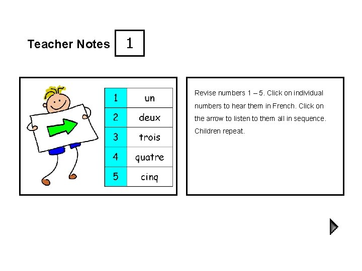 Teacher Notes 1 Revise numbers 1 – 5. Click on individual numbers to hear