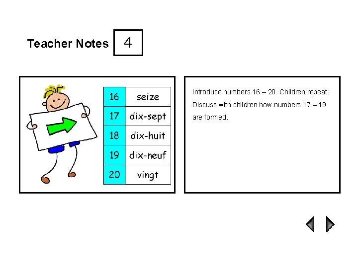 Teacher Notes 4 Introduce numbers 16 – 20. Children repeat. Discuss with children how