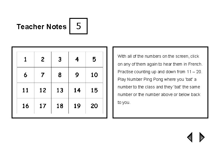 Teacher Notes 5 With all of the numbers on the screen, click on any