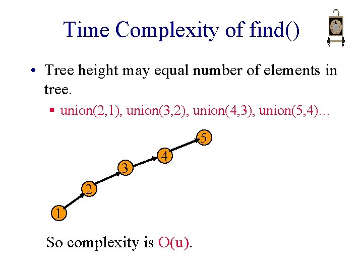 Time Complexity of find() • Tree height may equal number of elements in tree.