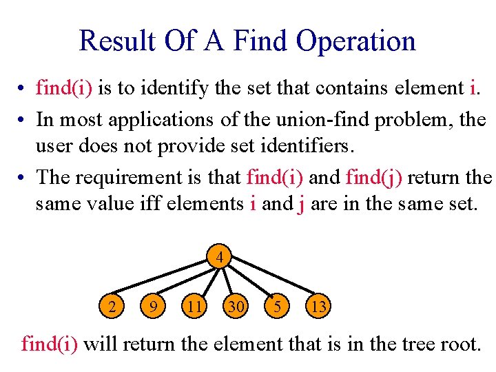 Result Of A Find Operation • find(i) is to identify the set that contains