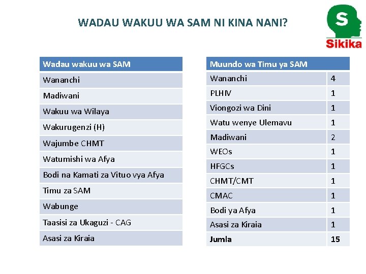 WADAU WAKUU WA SAM NI KINA NANI? Wadau wakuu wa SAM Muundo wa Timu