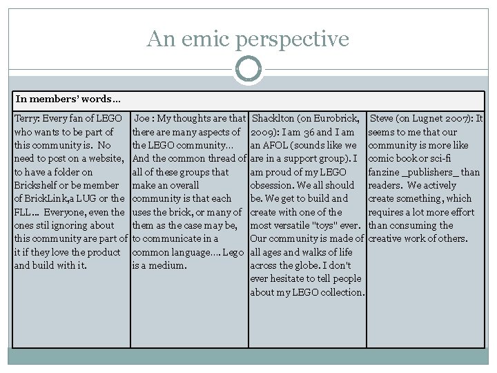 An emic perspective In members’ words… Terry: Every fan of LEGO Joe : My