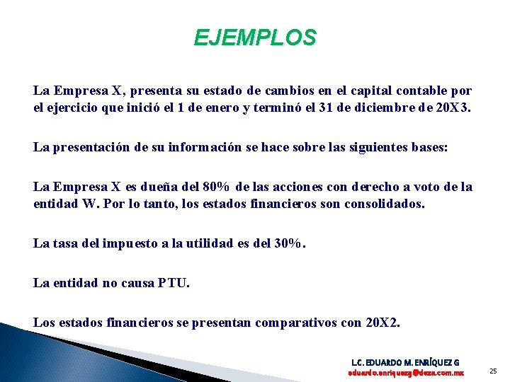 EJEMPLOS La Empresa X, presenta su estado de cambios en el capital contable por