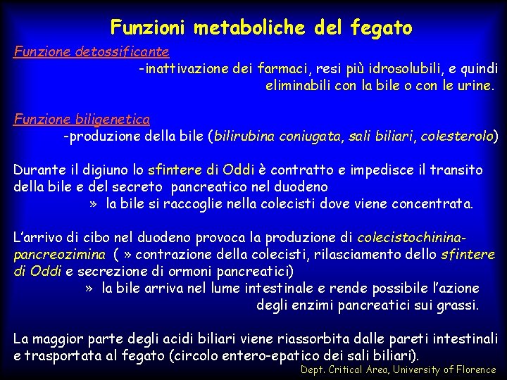 Funzioni metaboliche del fegato Funzione detossificante -inattivazione dei farmaci, resi più idrosolubili, e quindi