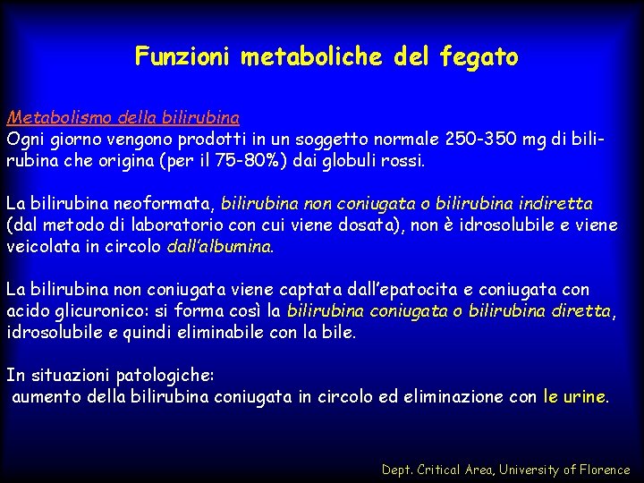 Funzioni metaboliche del fegato Metabolismo della bilirubina Ogni giorno vengono prodotti in un soggetto