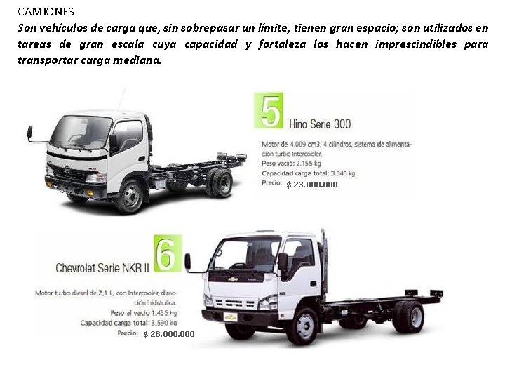 CAMIONES Son vehículos de carga que, sin sobrepasar un límite, tienen gran espacio; son
