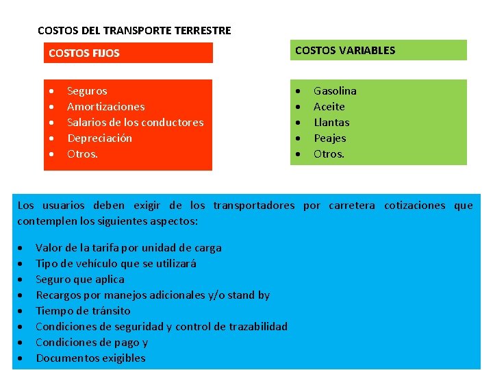 COSTOS DEL TRANSPORTE TERRESTRE COSTOS FIJOS COSTOS VARIABLES Seguros Amortizaciones Salarios de los conductores