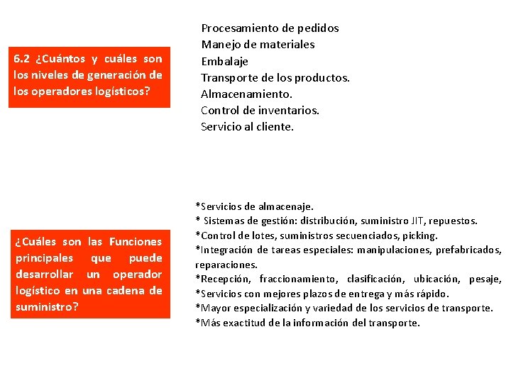 6. 2 ¿Cuántos y cuáles son los niveles de generación de los operadores logísticos?