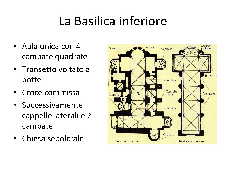 La Basilica inferiore • Aula unica con 4 campate quadrate • Transetto voltato a