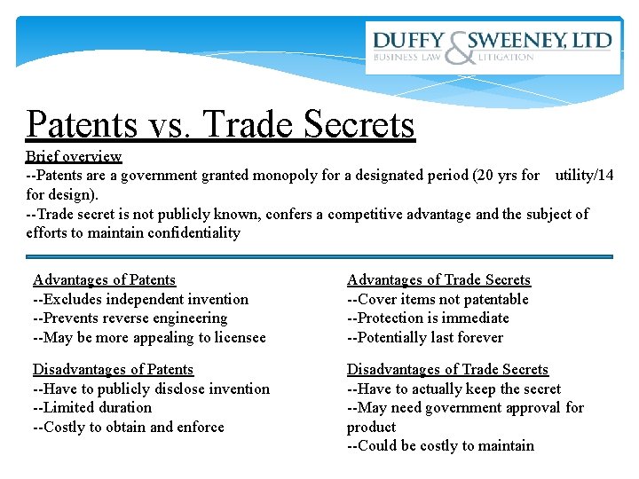 Patents vs. Trade Secrets Brief overview --Patents are a government granted monopoly for a