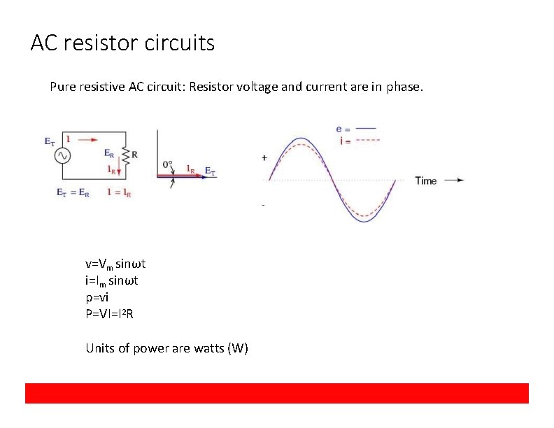 AC resistor circuits Pure resistive AC circuit: Resistor voltage and current are in phase.