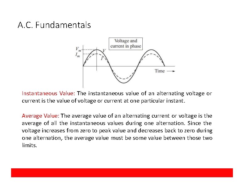 A. C. Fundamentals Instantaneous Value: The instantaneous value of an alternating voltage or current