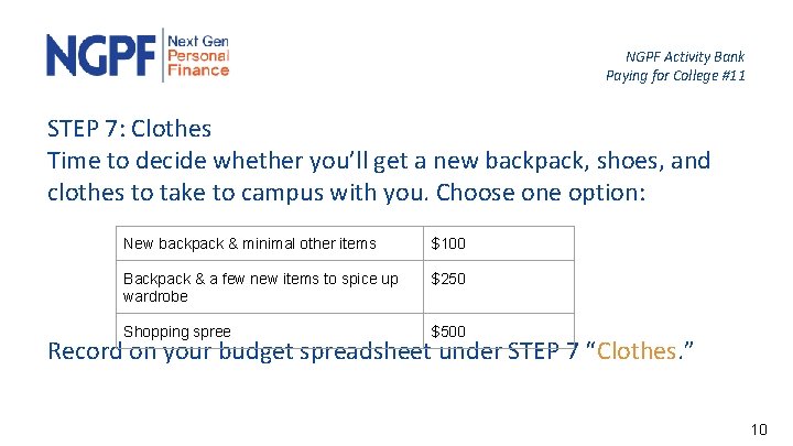 NGPF Activity Bank Paying for College #11 STEP 7: Clothes Time to decide whether