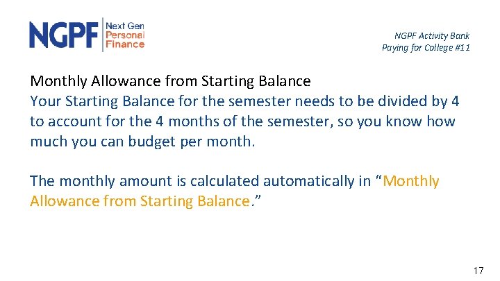 NGPF Activity Bank Paying for College #11 Monthly Allowance from Starting Balance Your Starting