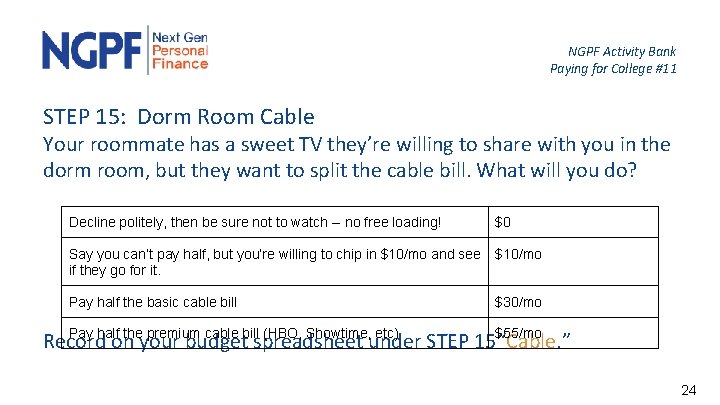 NGPF Activity Bank Paying for College #11 STEP 15: Dorm Room Cable Your roommate