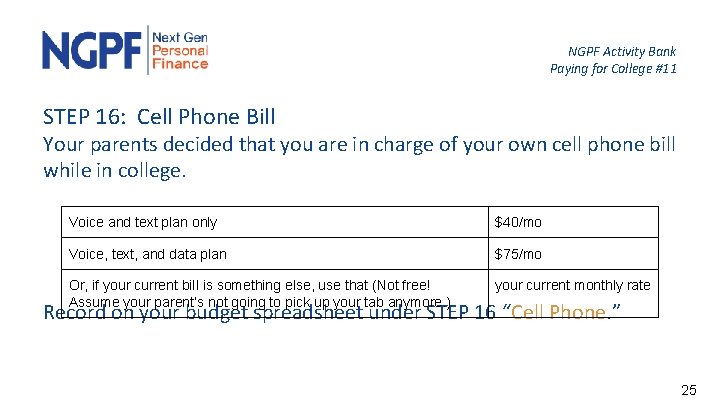 NGPF Activity Bank Paying for College #11 STEP 16: Cell Phone Bill Your parents