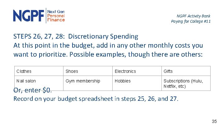 NGPF Activity Bank Paying for College #11 STEPS 26, 27, 28: Discretionary Spending At