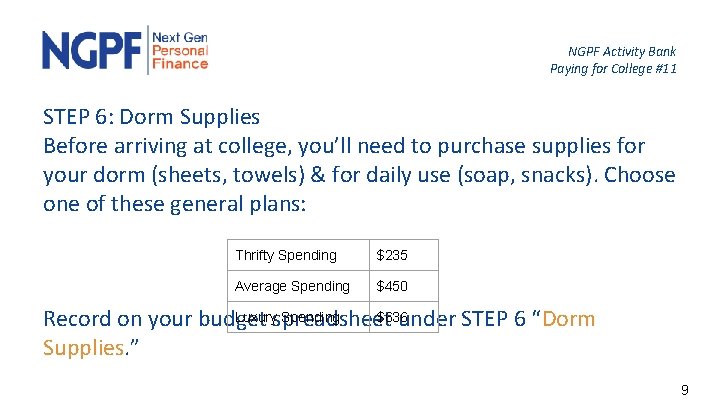 NGPF Activity Bank Paying for College #11 STEP 6: Dorm Supplies Before arriving at