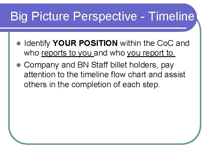 Big Picture Perspective - Timeline Identify YOUR POSITION within the Co. C and who