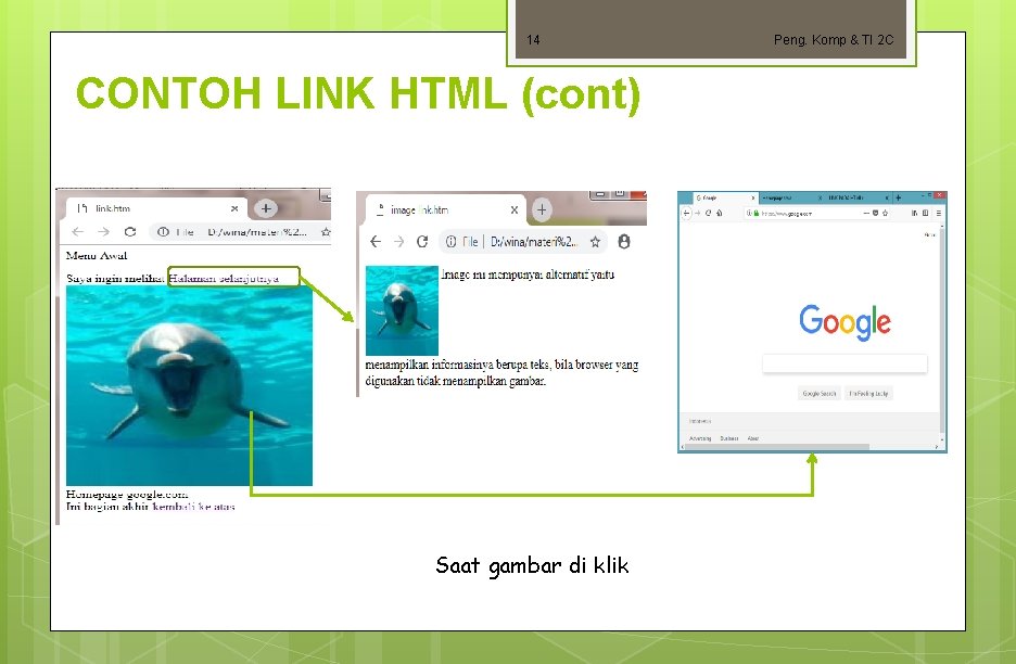 14 CONTOH LINK HTML (cont) Saat gambar di klik Peng. Komp & TI 2