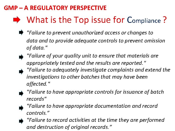 GMP – A REGULATORY PERSPECTIVE What is the Top issue for Compliance ? "Failure
