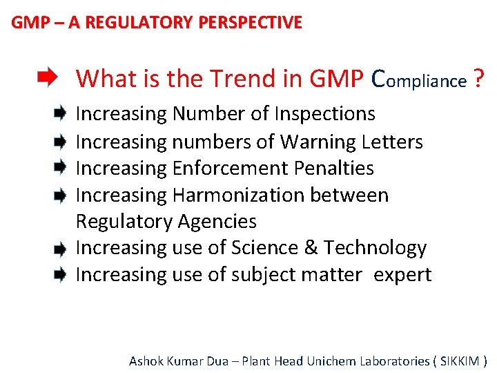 GMP – A REGULATORY PERSPECTIVE What is the Trend in GMP Compliance ? Increasing