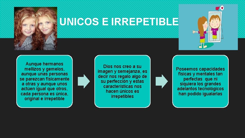 UNICOS E IRREPETIBLES Aunque hermanos mellizos y gemelos, aunque unas personas se parezcan físicamente