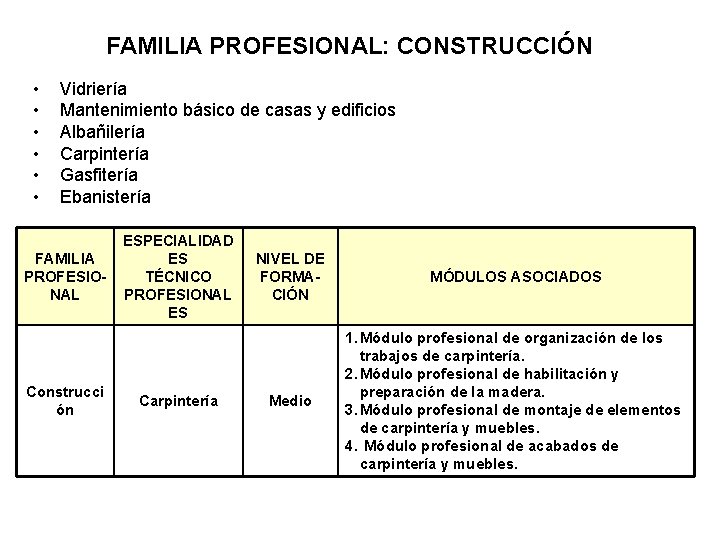 FAMILIA PROFESIONAL: CONSTRUCCIÓN • • • Vidriería Mantenimiento básico de casas y edificios Albañilería