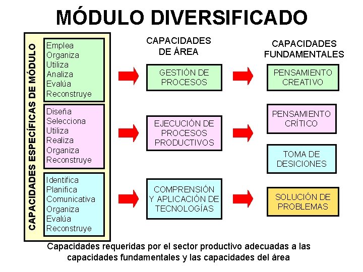 CAPACIDADES ESPECÍFICAS DE MÓDULO DIVERSIFICADO Emplea Organiza Utiliza Analiza Evalúa Reconstruye Diseña Selecciona Utiliza