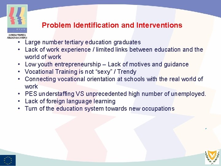 Problem Identification and Interventions • Large number tertiary education graduates • Lack of work