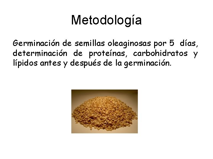 Metodología Germinación de semillas oleaginosas por 5 días, determinación de proteínas, carbohidratos y lípidos