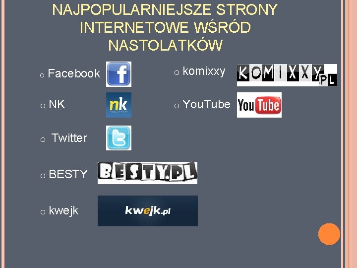 NAJPOPULARNIEJSZE STRONY INTERNETOWE WŚRÓD NASTOLATKÓW o Facebook o komixxy o NK o You. Tube