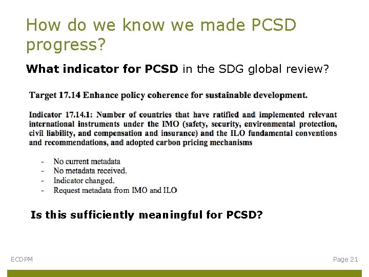 How do we know we made PCSD progress? What indicator for PCSD in the