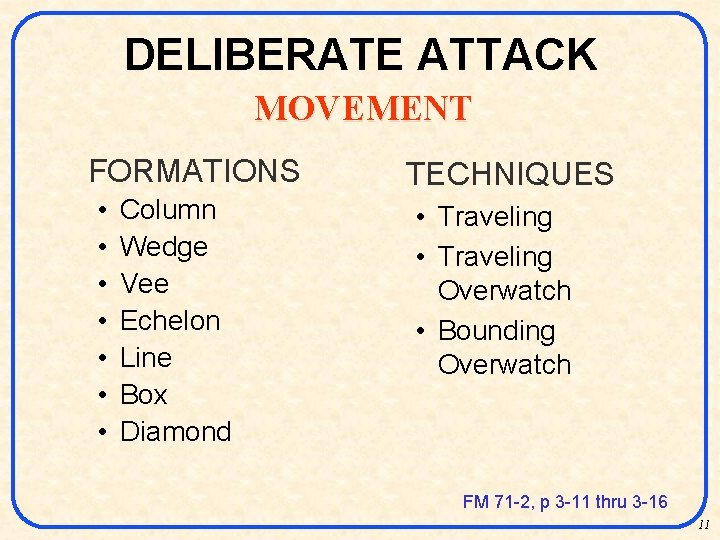 DELIBERATE ATTACK MOVEMENT FORMATIONS • • Column Wedge Vee Echelon Line Box Diamond TECHNIQUES